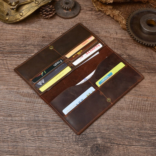 Brown Leather Men's Long Wallet Bifold Brown Slim Front Pocket Wallet For Men