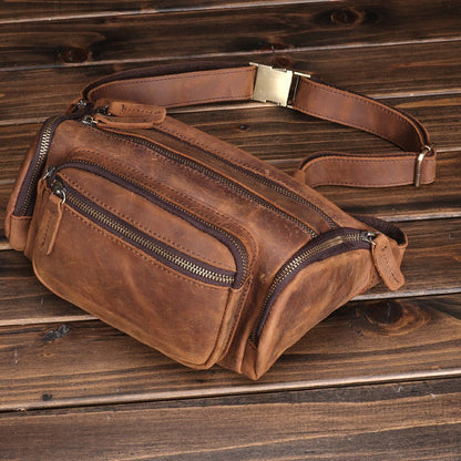 Brown Leather Fanny Packs Large Waist Bags Mens Hip Packs Sling Bags Sling Pack for Men