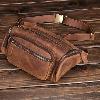 Coffee Leather Fanny Packs Large Waist Bags Mens Hip Packs Sling Bags Sling Pack for Men