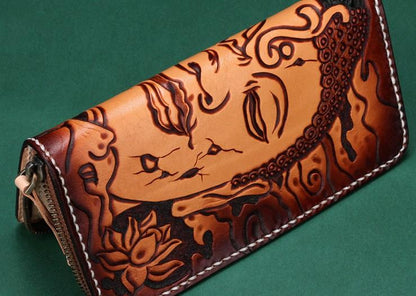 Handmade Leather Mens Clutch Wallet Cool Buddha&Demon Tooled Wallet Long Zipper Wallets for Men