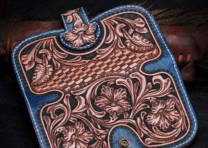 Handmade Leather Tooled Floral Mens Clutch Wallet Cool Wallet Long Wallets for Men Women