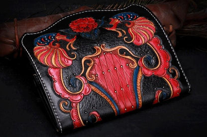 Handmade Leather Mens Womens Tooled Phoenix Clutch Wallet Cool Wallet Long Wallets for Men Women