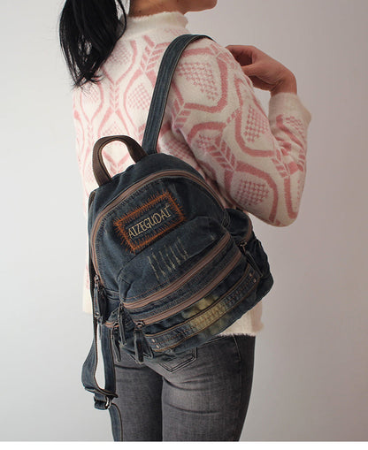 Denim Blue Womens Backpack School Backpacks Blue Vintage Denim Backpack For Women