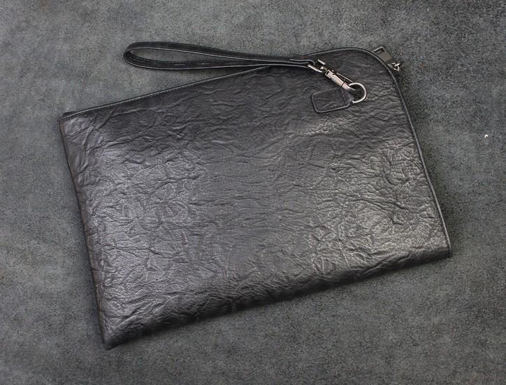 Handmade Leather Black Mens Clutch Cool Slim Wallet Zipper Clutch Wristlet Wallet for Men