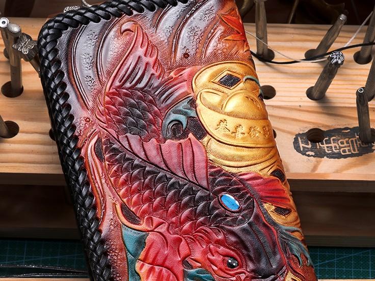 Handmade Leather Mens Clutch Wallet Cool Carp Tooled Wallet Long Zipper Wallets for Men