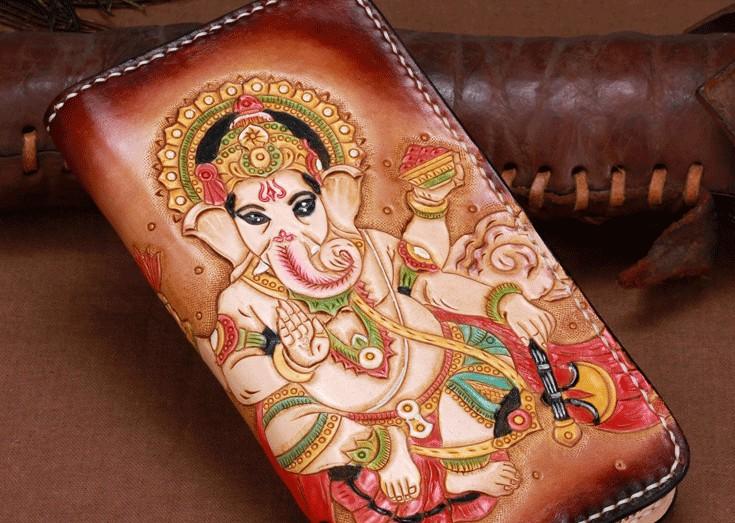 Handmade Leather Mens Clutch Wallet Cool Ganesha Tooled Wallet Long Zipper Wallets for Men