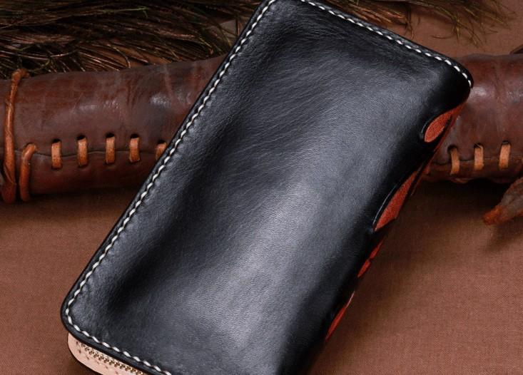 Handmade Leather Mens Clutch Wallet Cool Zhong Kui Tooled Wallet Long Zipper Wallets for Men