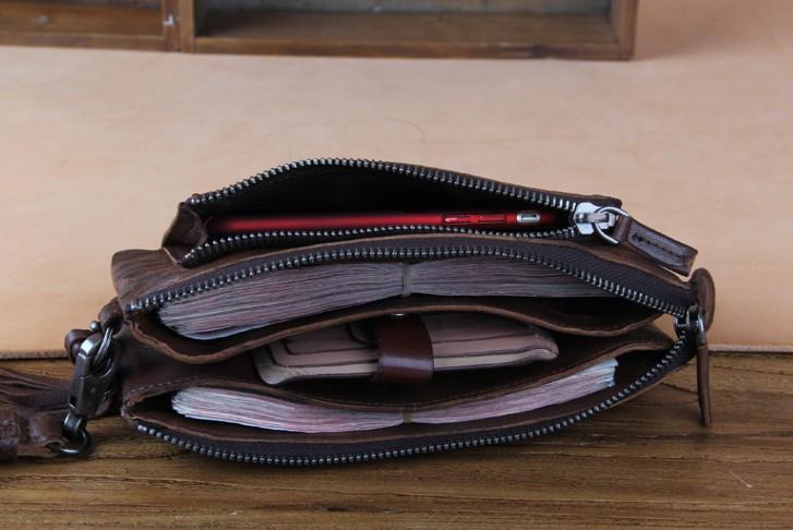 Handmade Genuine Leather Mens Cool Long Leather Wallet Zipper Clutch Wristlet Wallet for Men