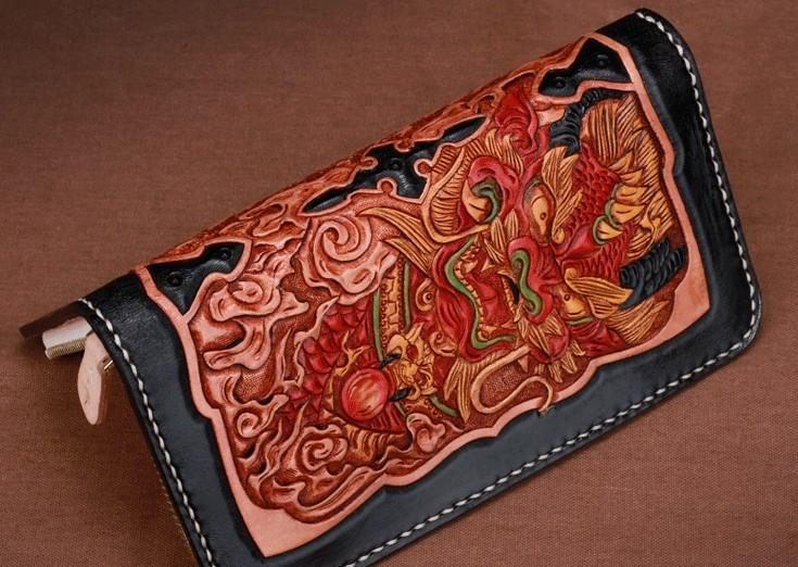 Handmade Leather Mens Clutch Wallet Cool Kylin Tooled Wallet Long Zipper Wallets for Men