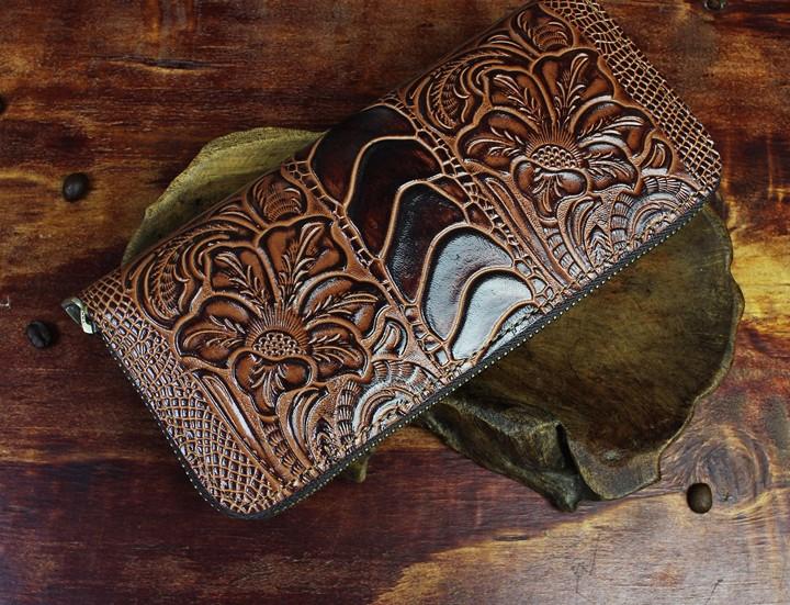 Handmade Leather Floral Mens Cool Zipper Phone Travel Long Wallet Card Holder Card Slim Clutch Wallets for Men