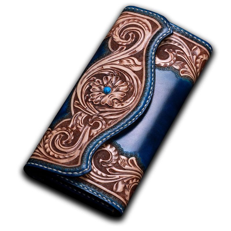 Handmade Leather Mens Tooled Floral Clutch Wallet Cool Wallet Long Wallets for Men Women