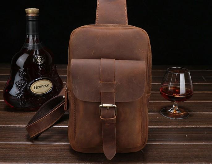 Vintage Leather Mens Sling Shoulder Bag Sling Bag Chest Bag Sling Backpack for men