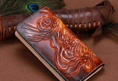 Handmade Leather Mens Clutch Wallet Cool Buddha&Demon Tooled Wallet Long Zipper Wallets for Men