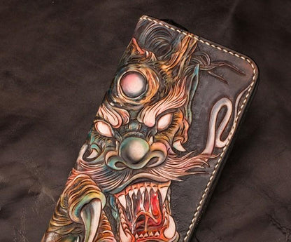 Handmade Leather Mens Clutch Wallet Cool Chinese Dragon Tooled Wallet Long Zipper Wallets for Men