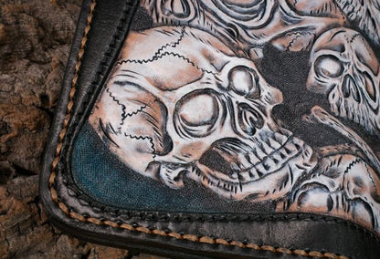 Handmade Leather Men Tooled Skull Halley Cool Leather Wallet Long Phone Wallets for Men