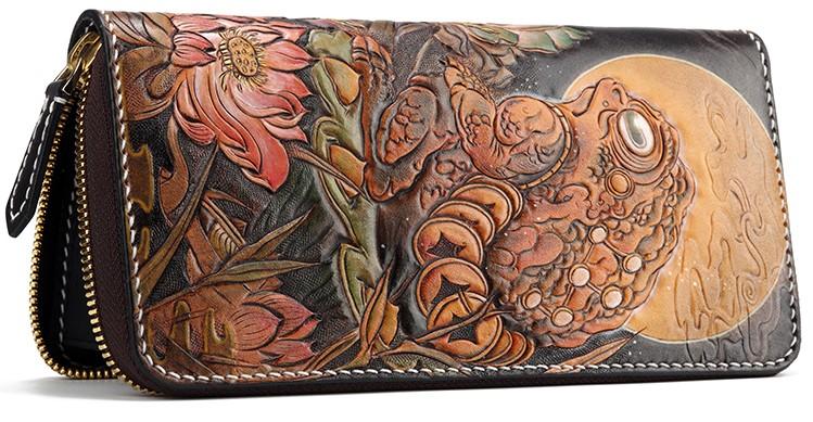 Handmade Leather Mens Clutch Wallet Cool Gold Toad Triped Crow Tooled Wallet Long Zipper Wallets for Men