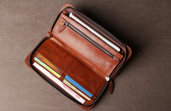 Genuine Leather Mens Cool Long Leather Wallet Cards Phone Zipper Clutch Wristlet Wallet for Men