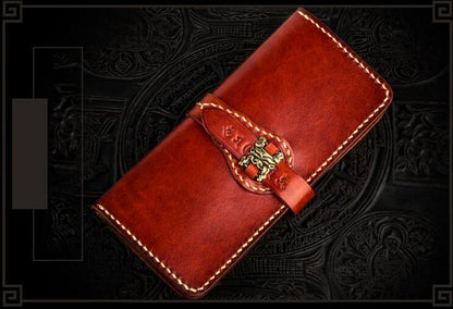 Handmade Leather Men Tooled Chinese Lion Cool Leather Wallet Long Phone Wallets for Men