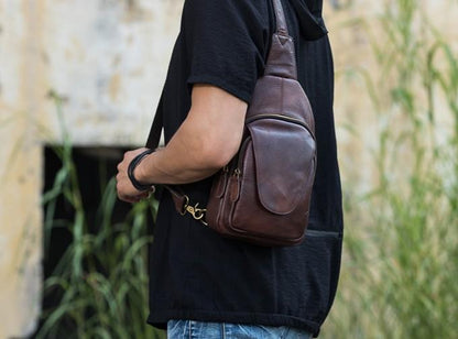 Coffee Leather Mens Sling Bag Sling Shoulder Bags Sling Backpacks for men