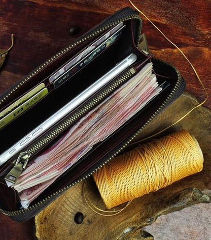 Handmade Leather Floral Mens Cool Zipper Phone Travel Long Wallet Card Holder Card Slim Clutch Wallets for Men