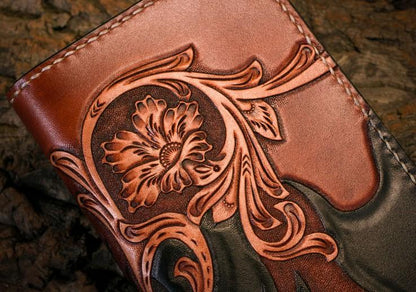 Handmade Leather Mens Clutch Wallet Tooled Cool Zhong Kui Wallet Long Zipper Wallets for Men