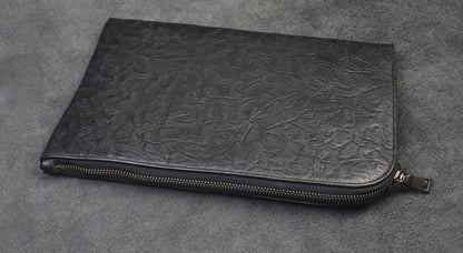 Handmade Leather Black Mens Clutch Cool Slim Wallet Zipper Clutch Wristlet Wallet for Men