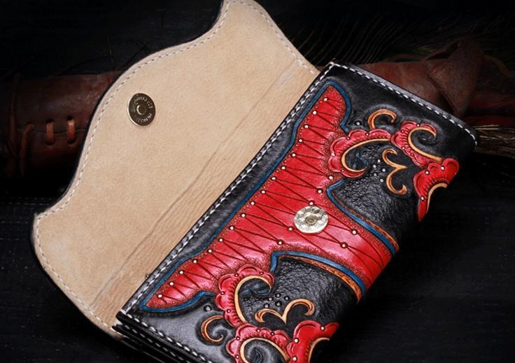 Handmade Leather Mens Womens Tooled Phoenix Clutch Wallet Cool Wallet Long Wallets for Men Women