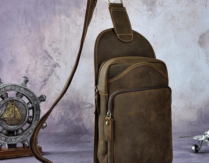 Vintage Leather Mens One Shoulder Backpack Sling Bag Chest Bag Sling Backpack for men