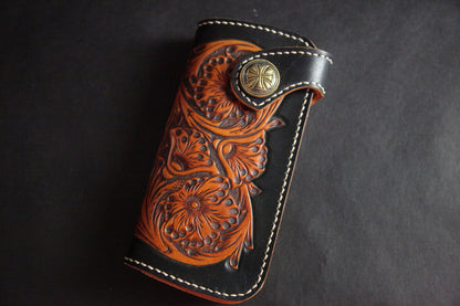 Tooled Handmade Leather Mens Long Biker Wallets Chain Wallet Biker Chain Wallets For Men