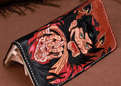 Handmade Leather Mens Clutch Wallet Cool Zhong Kui Tooled Wallet Long Zipper Wallets for Men