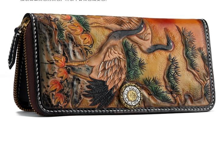 Handmade Leather Mens Clutch Wallet Cool Red-Crowned Crane Tooled Wallet Long Zipper Wallets for Men