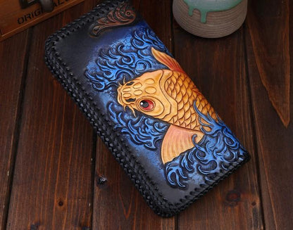 Handmade Leather Mens Clutch Wallet Tooled Cool Carp Wallet Long Zipper Wallets for Men