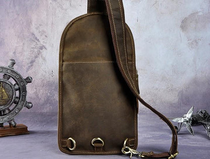 Vintage Leather Mens One Shoulder Backpack Sling Bag Chest Bag Sling Backpack for men