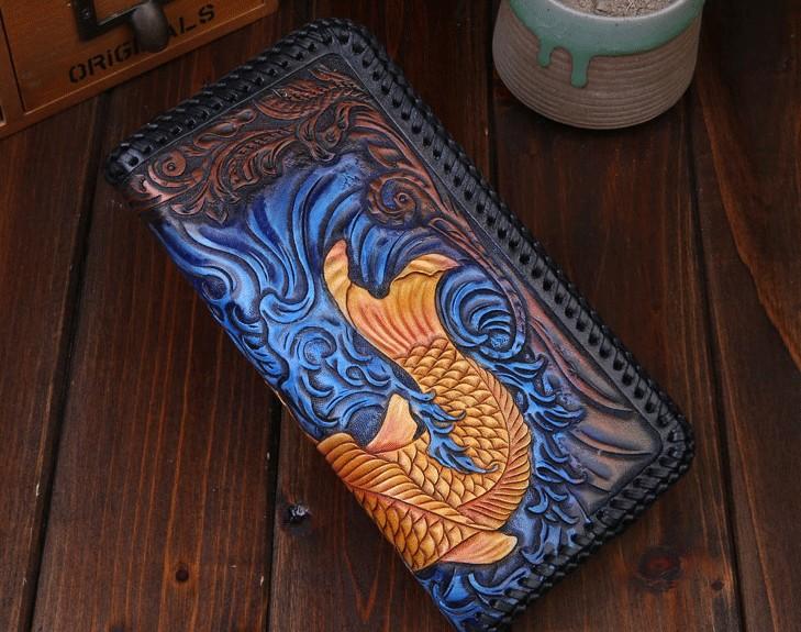 Handmade Leather Mens Clutch Wallet Tooled Cool Carp Wallet Long Zipper Wallets for Men