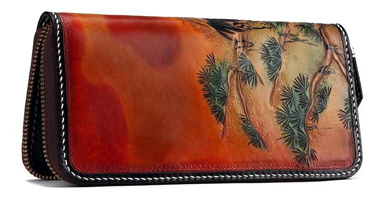 Handmade Leather Mens Clutch Wallet Cool Red-Crowned Crane Tooled Wallet Long Zipper Wallets for Men