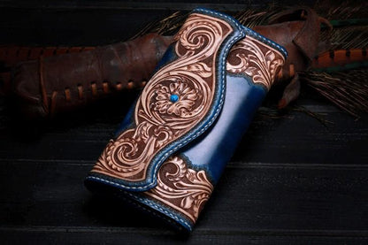 Handmade Leather Mens Tooled Floral Clutch Wallet Cool Wallet Long Wallets for Men Women