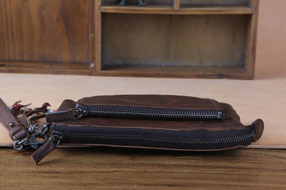 Handmade Genuine Leather Mens Cool Long Leather Wallet Zipper Clutch Wristlet Wallet for Men