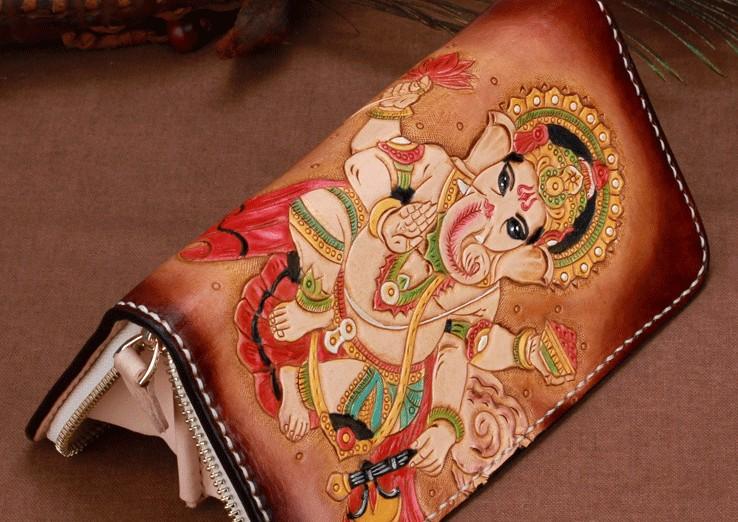 Handmade Leather Mens Clutch Wallet Cool Ganesha Tooled Wallet Long Zipper Wallets for Men