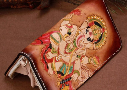 Handmade Leather Mens Clutch Wallet Cool Ganesha Tooled Wallet Long Zipper Wallets for Men