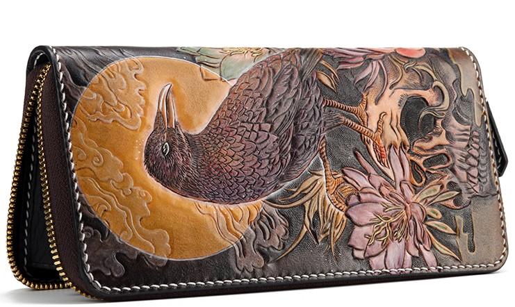 Handmade Leather Mens Clutch Wallet Cool Gold Toad Triped Crow Tooled Wallet Long Zipper Wallets for Men