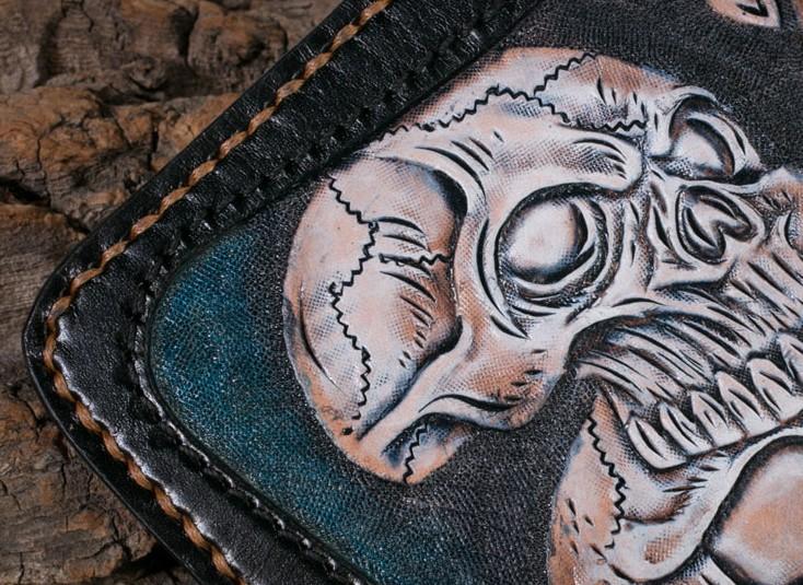 Handmade Leather Men Tooled Skull Halley Cool Leather Wallet Long Phone Wallets for Men