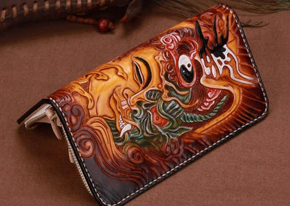 Handmade Leather Mens Clutch Wallet Cool Buddha&Demon Tooled Wallet Long Zipper Wallets for Men