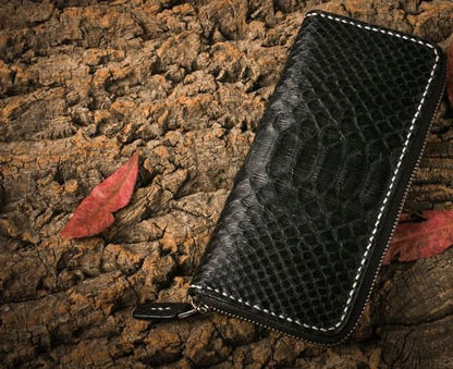 Handmade Leather Mens Clutch Wallet Cool Boa Skin Wallet Long Zipper Wallets for Men