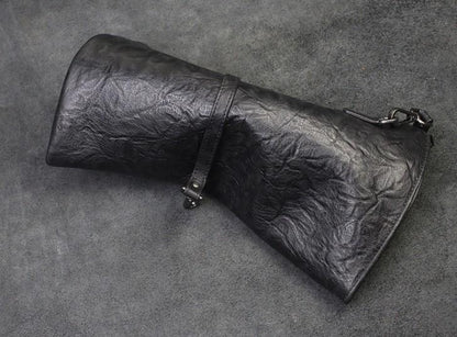 Handmade Leather Black Mens Clutch Cool Slim Wallet Zipper Clutch Wristlet Wallet for Men