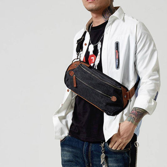 Black Canvas Leather Fanny Pack Men's Chest Bag Sling Hip Bag Canvas Waist Bag For Men