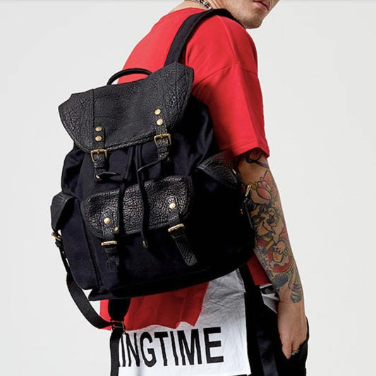 Fashion Canvas Leather Mens Backpack School Backpack Black Canvas Travel Backpack For Men