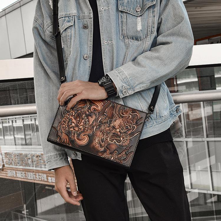 Handmade Black Tooled Lion Dragon Leather Messenger Bags Side Bag Clutch Wristlet Bag For Men