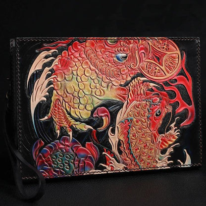 Black Handmade Tooled Leather Carp Toad Clutch Wallet Wristlet Bag Clutch Purse For Men