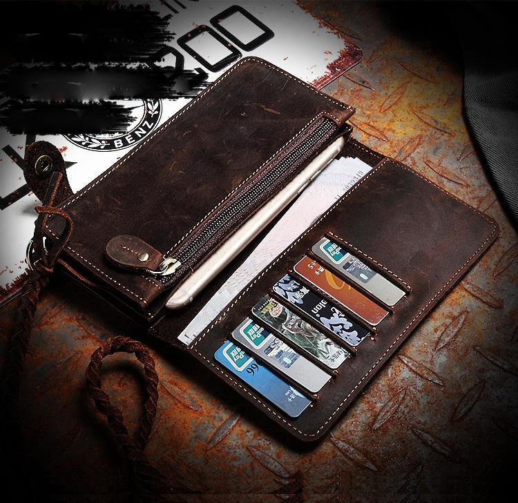 Coffee Leather Mens Bifold Long Biker Wallets Biker Chain Wallet Long Trucker Wallet for Men