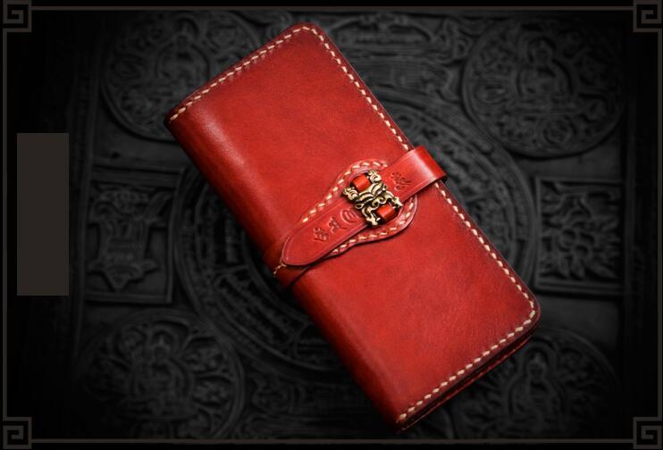 Handmade Leather Men Tooled Chinese Lion Cool Leather Wallet Long Phone Wallets for Men